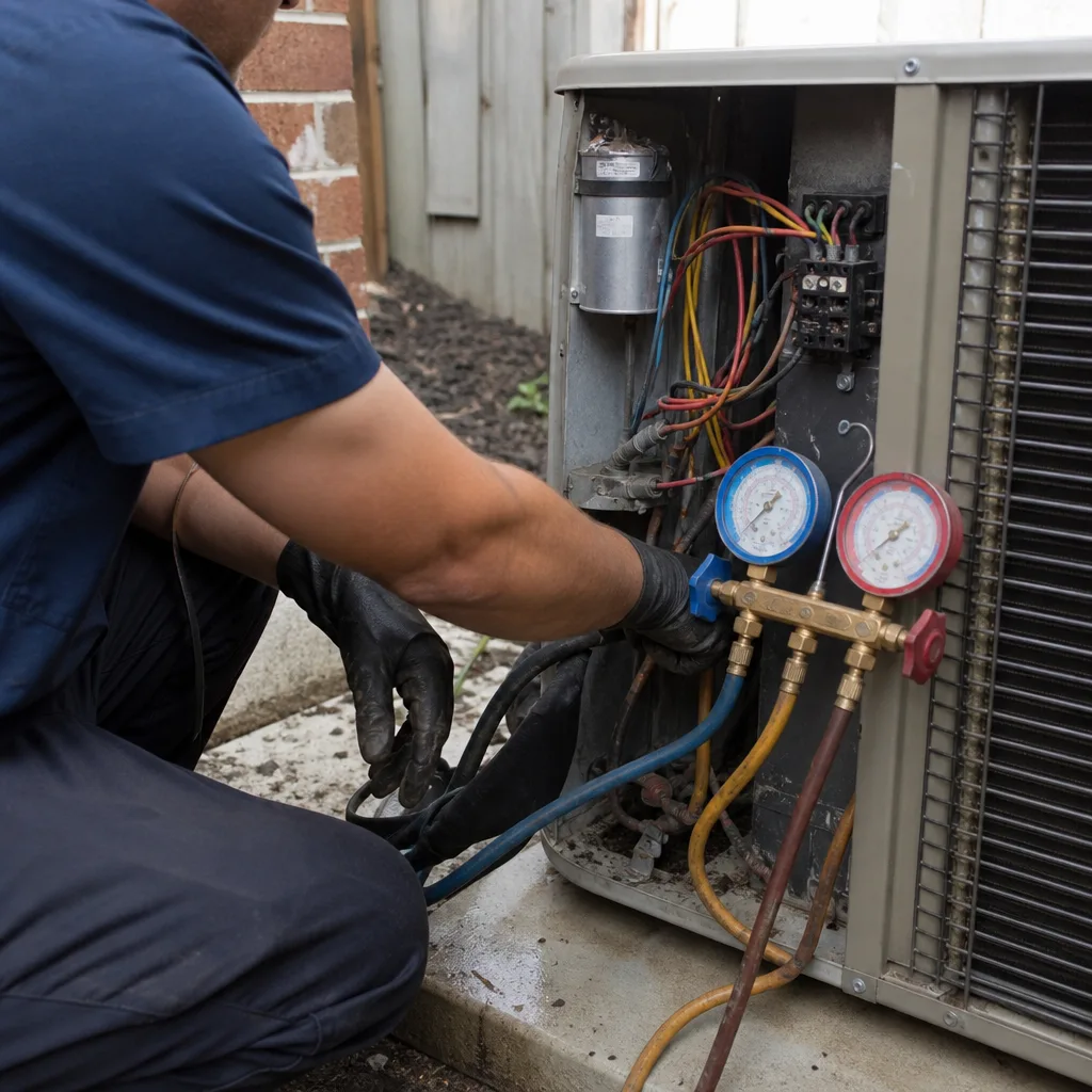 HVAC technician performing professional air conditioner installation and maintenance service