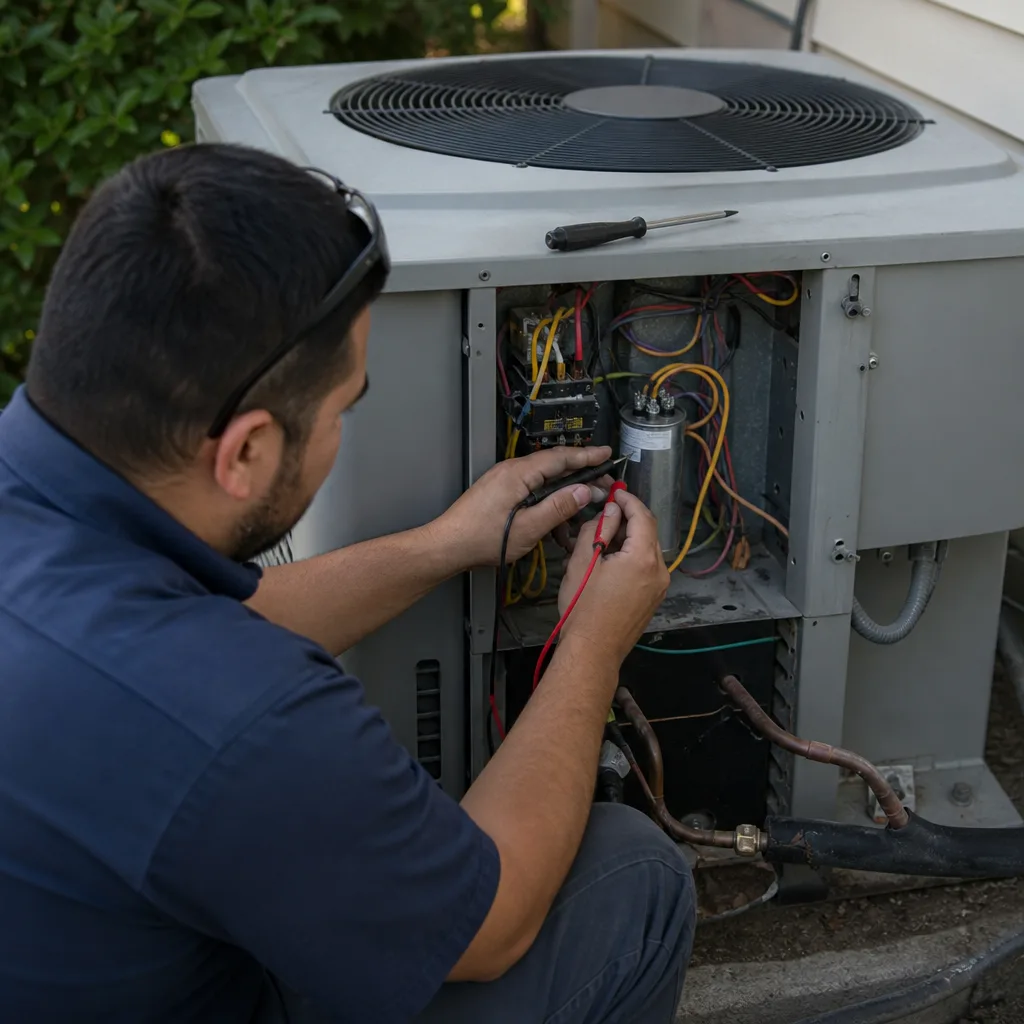 HVAC technician performing electrical diagnostics on an outdoor air conditioning condenser unit.