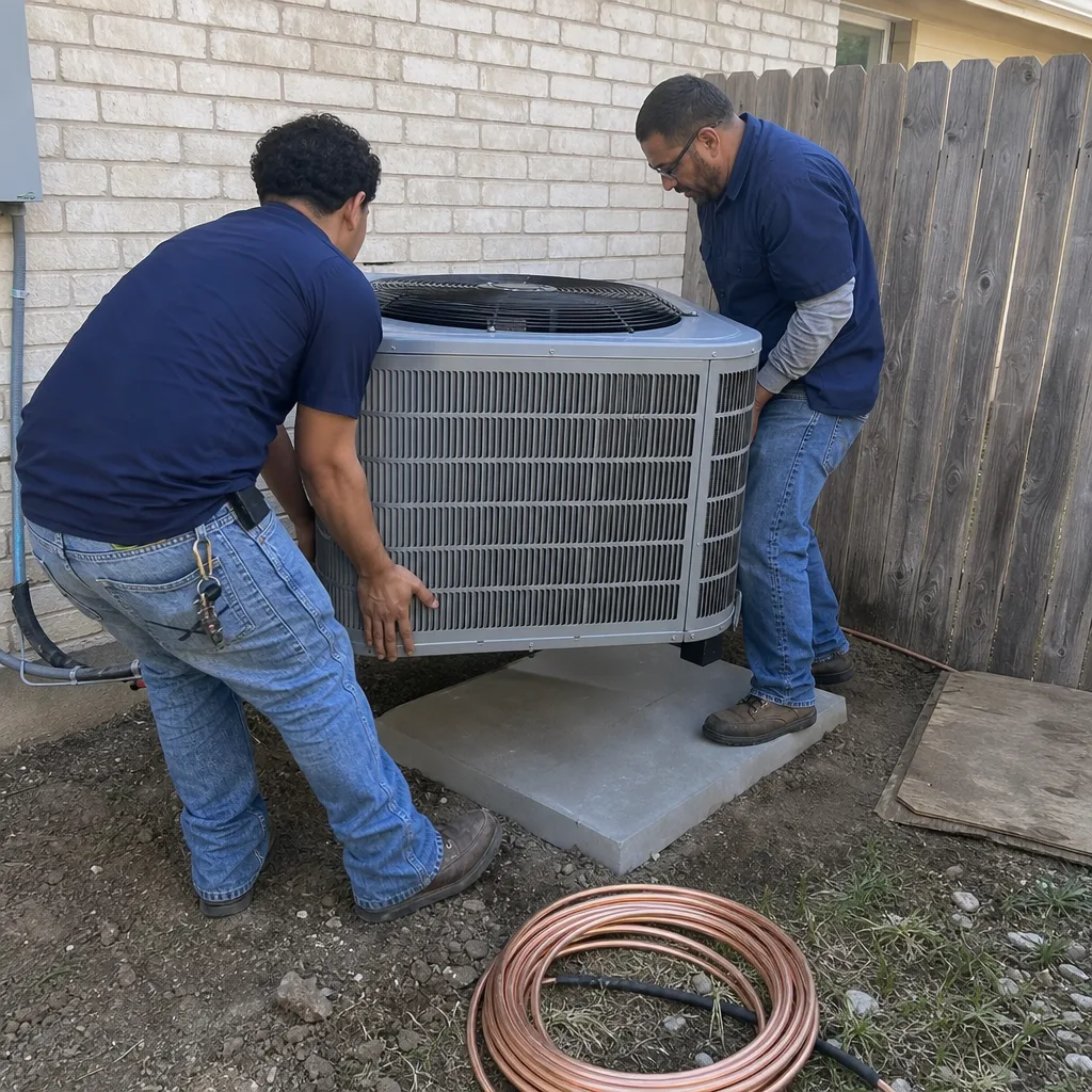 Two professional HVAC technicians installing a residential air conditioning condenser unit.