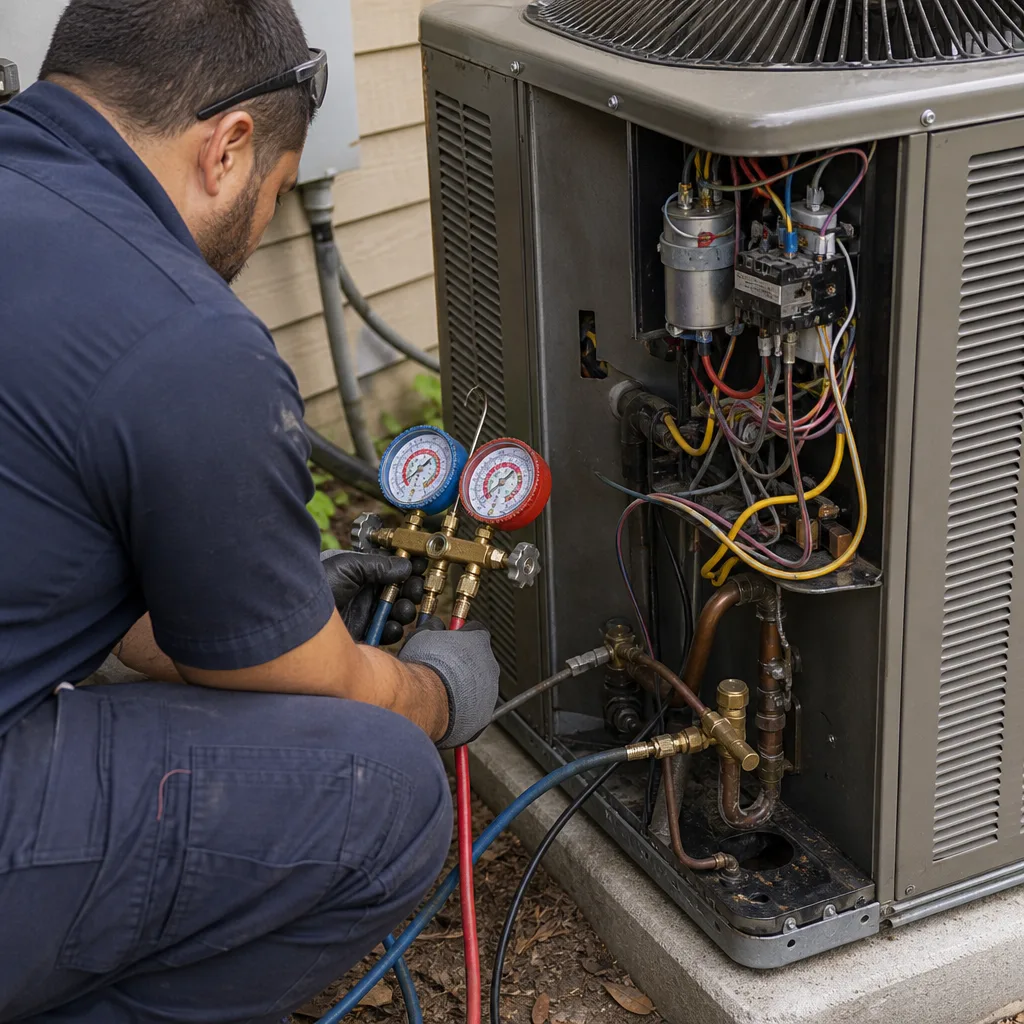HVAC technician performing professional AC repair using a manifold gauge set