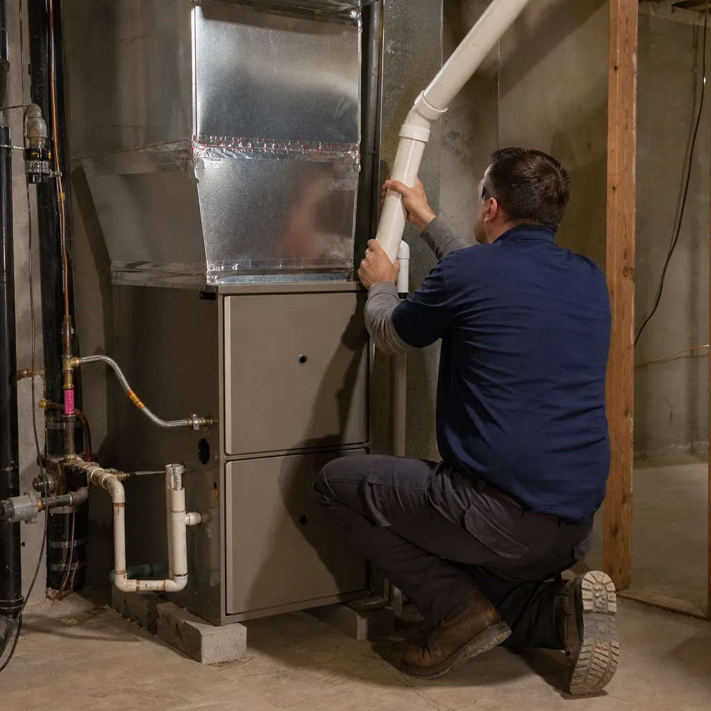 HVAC technician performing professional furnace repair and maintenance on a furnace system.