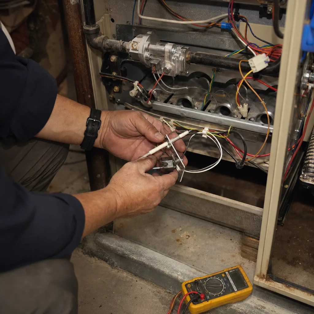 HVAC technician performing furnace maintenance and electrical testing on a unit